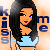Pixelated image of a woman with long black hair, blue eyes, and red lips wearing a light blue top against an orange background.