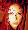 A vertical strip of repeated images showing a person with red hair and purple text overlays, transitioning between 'GOTHIC' and 'ANGEL' labels.