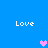 Blue background with four white 'Love' texts and three pixelated hearts in pink, light purple, and dark purple.