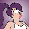 Cartoon character with purple ponytail and white tank top, side profile showing wide eye and pink lips against purple gradient background.