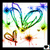 Pixelated icon with abstract green and blue curved shapes, small brown-and-red figure, orange circular element on white background.
