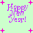 Pixelated 'Happy New Year!' text in purple with pink plus signs on a light green background, animated as static.