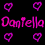 Pixelated pink and purple heart shapes surround the name 'Daniella' in stylized text on a black background.