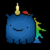 Blue rounded creature with golden horn and red cap, smiling face, green-yellow gradient tail on black background.