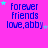 identical blue text on a bright pink background with scattered cyan stars, each containing 'forever friends love,abby' in pixelated font