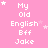 Pink background with white pixelated text reading "My Old English Bff Jake" arranged in a , surrounded by small white stars