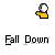Pixelated yellow hand holds white ball above gray background, with text 'Fall Down' below; animation shows hand rotating clockwise while ball remains static.