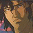 Pixelated anime-style character with brown hair and glasses, side profile against black background with white text.