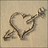 A pixelated heart-shaped icon with a diagonal arrow piercing through it, set against a light beige background.