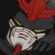 Animated sequence of a cartoon character's face with red hair, dark helmet, and white mask transitioning through multiple expressions against black background.