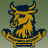Pixelated yellow and dark blue creature with curved horns, seated on a platform with a horizontal bar, against a muted green background.
