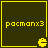 Four identical dark green square with yellow borders, each containing yellow text 'pacmanx3' and a yellow Pac-Man icon at the bottom right