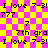 A static pixel art image with a yellow and pink checkerboard background displaying repeated text elements in black.