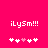 A bright pink background displays white pixelated text 'iLySm!!!' above a of five pixelated hearts, with the third heart colored pink