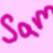 Animated contact sheet of a pink-themed buddy icon showing sequential text changes from 'x' to 'xo' to 'xoxo' beneath stylized 'Sam' text on a solid pink background.