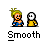 Animated contact sheet of 16 pixel art frames showing two cartoon characters interacting with speech bubbles and changing poses on a gray background.