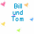 Pixelated blue text 'Bill und Tom' centered on white background with scattered colorful pixel clusters.