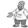Black-and-white pixelated character with bald head, square glasses, and checkered beard wearing a white shirt and checkered pants, standing with left arm extended.