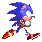 Six pixelated Sonic the Hedgehog frames show running motion with red shoes, white gloves, and blue fur against gray background.