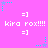 A static image with a bright pink background featuring repeated white text 'kira rox!!!!' and '=]' emoticons, surrounded by cyan and purple star-shaped corner decorations.