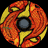 Two circular pixelated icons with orange and yellow swirling patterns, each featuring a central dark gray circle on black background.