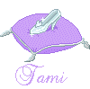 Pixelated image of a silver high-heeled shoe on a purple polka-dot cushion with the name 'Tami' below in cursive.