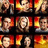 nine pixelated character portraits with fiery orange-red backgrounds, alongside a bright pink with blue text reading "let the rain fall down <3 LB"