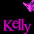 Pink 'Kelly' text repeated across black background with pink butterflies, some butterflies have circular patterns.