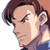Pixelated static image of a character's profile with brown hair, light skin tone, and purple clothing against a white background.