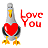 Pixelated bird with gray body, yellow beak, and orange feet holds a large red heart against a gray background with red text reading 'love you'.