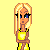 Animated contact sheet of a pixel art character in yellow outfit with multiple poses and text variations against light yellow background.