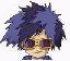 Pixelated character with spiky blue hair and purple-tinted sunglasses, two identical frames side-by-side.