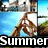 Pixelated image of a person in brown clothing performing a handstand on a white surface with blue sky background and partial 'Summer' text at bottom.