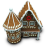 Pixelated icon of a gingerbread house with a red circular window and a smaller adjacent tower, both with white icing details on brown roofs.