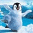 Pixelated image of a penguin standing on ice with blue water background, black beak and eyes, white chest, gray body.
