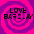 Four identical display 'I LOVE BARCLAY' text over a pink and purple spiral background with pixelated edges