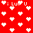 Red background with white pixelated hearts and repeated 'i LuU U' text in a retro digital style.