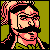 Pixel art portrait of a character with black hair, pink highlights, and a mustache against a green background.