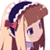 Pixelated anime-style character icon with brown hair, blue eyes, and a dark headband featuring a red bow, wearing a light purple top against a white background.