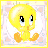 Pixelated yellow cartoon bird with orange feet and beak, seated in a 48x48 pixel frame against a light pink patterned background.