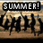 Silhouettes of people jumping on a beach at sunset with 'SUMMER!' text above, transitioning to 'SUMMER' without the exclamation mark.