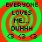 A static digital image with a green and red spiral background displaying text "EVERYONE LOVES ME... DUHHH" and three small circular icons below.