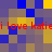 A static pixelated image with repeating red text 'i love katiei' over a of blue, yellow, and brown squares