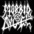 Static black-and-white pixelated logo with jagged, stylized lettering on a solid black background.