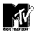 A 3x3 contact sheet of nine MTV logo variations with different colored TV strokes, each on a black M background and white "MUSIC TELEVISION" text below.