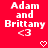 Red background with white pixelated text 'Adam and Brittany <3' repeated twice, each followed by a small heart symbol.