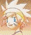 Pixelated character with spiky white hair and blue eyes, shown in four variations of background color and facial expression.