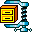 Pixelated icon with orange and yellow square frame, blue mechanical arms, and black horizontal lines on yellow against gray background
