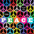 Colorful pixelated pattern with peace symbols and 'PEACE' text in multicolored block letters on a black background.