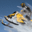 A pixelated image shows a person riding a yellow and black snowmobile on snowy terrain with blue sky background, next to red text reading "Ski-Doo Rocks!!!".
